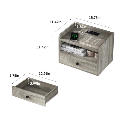Floating Nightstand Set of 2 Modern Night Stands with Drawer and Open Shelf Cubby Small Bedside End Table with Charging Station Wall Mounted Nightstands Set 2 for Bedroom Grey