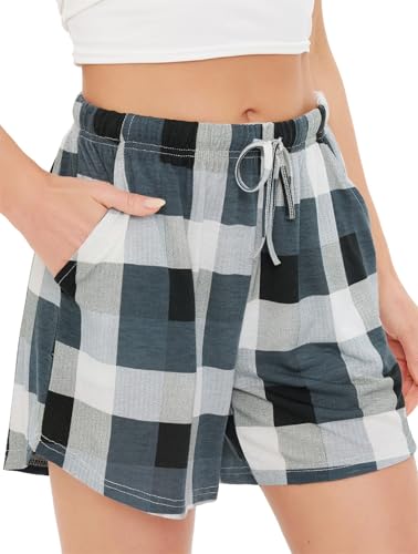 Vlazom Women's Pyjamas Shorts Summer Soft and Breathable Bottoms Casual Pyjama Pants for Sleeping Gym Running with Pockets Drawstring, Grey Green, M