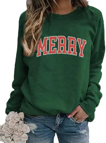 essential cocoon Womens Retro Merry Letter Printed Christmas Sweatshirt Funny Xmas Graphic Long Sleeve Holiday Party Family Christmas Matching Winter Tops(XL G-Green-1)
