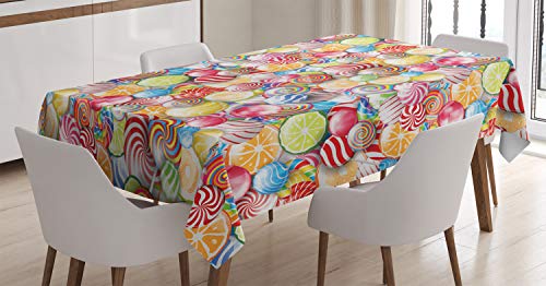 Best Quality 🔥 Ambesonne Colorful Tablecloth, Spiral Sugar Candys Lolly Pops Dessert Fun Girls Theme Print, Rectangular Table Cover for Dining Room Kitchen Decor, 60" X 84", Red Orange