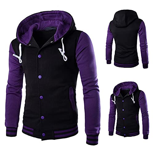 Dyguyth Mens Varsity College Jacket Baseball Bomber Jacket Vintage Sweatshirt,Slim Fit Button Down Baseball Jacket Outwear Colorblock Casual Sports Drawstring Sweatshirts With Pocket Purple Large #TOP1