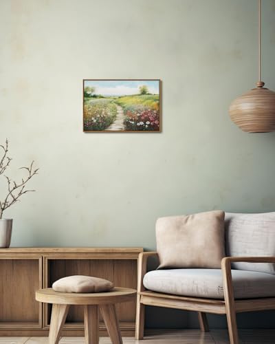 Image of KISSFOX Vintage Framed Wall Art Decor Spring Landscape Pictures Wall Decor Rustic Wildflower Path Paintings Countryside Canvas Art Prints Modern Farmhouse Artwork For Bedroom Kitchen Living Room