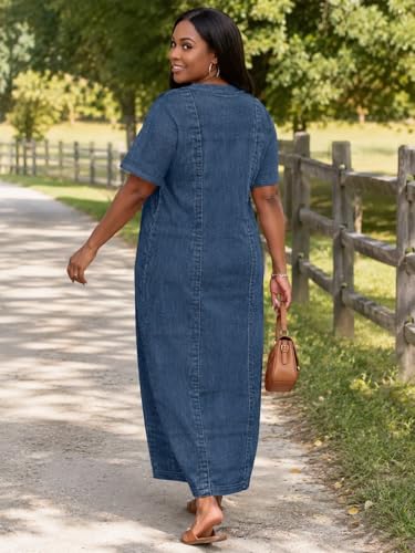 Image of SUZONANA Plus Size Denim Print Maxi Dresses for Women Casual V Neck Short Sleeve with Pockets Soft Jean Look Dress XL-6XL