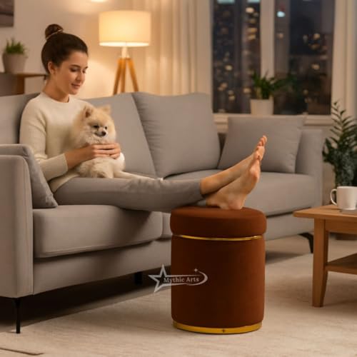 Image of Ottoman Stool for the Living Room Ottoman Pouffes for Sitting, Puffy Stool for Living Room Dressing Table Stool Brown