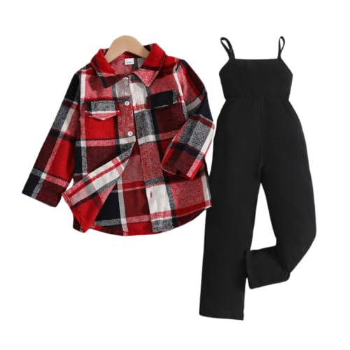 Toddler Girl Clothes Plaid Long Sleeve Button Down Shirt + Corduroy Overall Jumpsuit 2pcs Girls Fall Winter Outfit Set(5-6T)