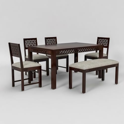 Image of Sheesham Wood 4 Chair with 1 Bench Dining Table Set with Cushioned Chairs for Dining Room | Living Room | Home & Office | t (6 Seater with Bench, Walnut A)