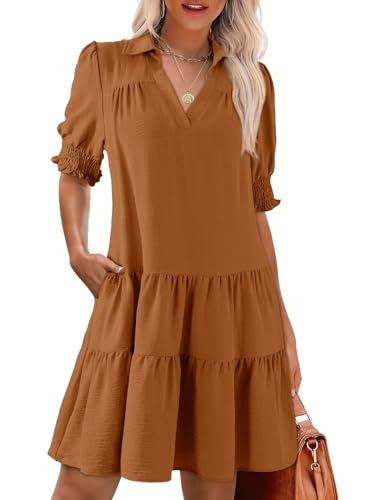Image of Dokotoo Casual Dresses for Women Lapel Collared V Neck Mid Sleeved Pleated Summer Dresses for Women 2026 Midi Dresses