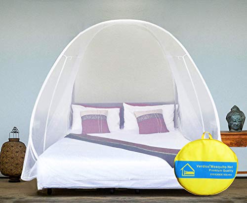 Image of VERDIOZ WITH DEVICE Foldable Poly Cotton Double Bed Mosquito Net Machardani, Corrosion Free Steel Wire, 30 GSM Net with Ventilation, Visibility and Saviour kit, (King Size, 200X200X145 cm, White)