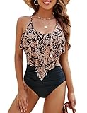 Edelqual Womens One Piece Swimsuits Tummy Control Full Coverage Swim Bathing Suit Slimming Modest Ruffled Sexy Corset Beach Matching Swimwear (Black Floral,M)