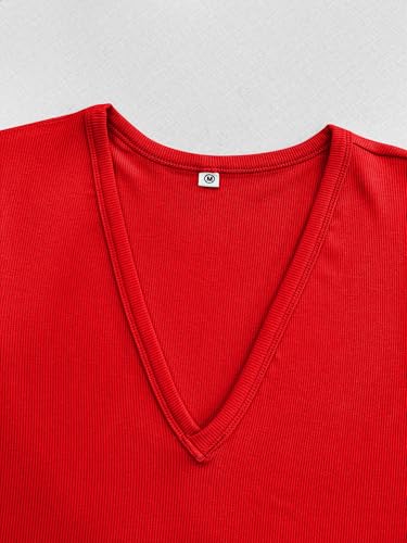 Image of Albe Rita Women Short Sleeve T-Shirt Cap V Neck Shirts for Women Ribbed Casual Top Knit Slim Fit for Summer