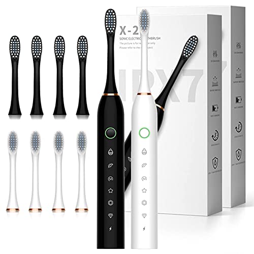 2 Pack Electric Toothbrush with 8 Brush Heads, IPX7 Waterproof 6 Modes 42000vpm with Smart Timers, Sonic Electric Toothbrush for Adults