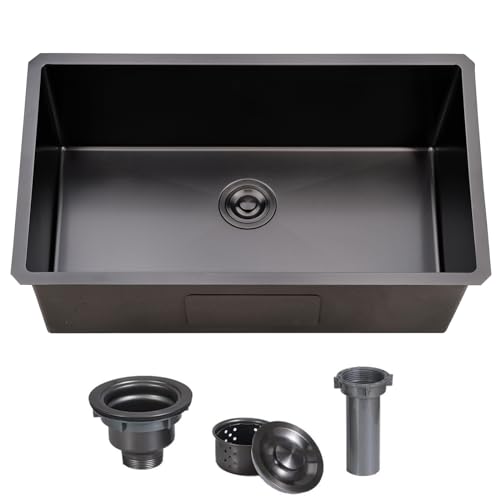 Image of 30x18 Inch Black Undermount Kitchen Sink, Stainless Steel Single Bowl Nano Black16 Gauge 9 Inch Deep Kitchen Sink with Strainer
