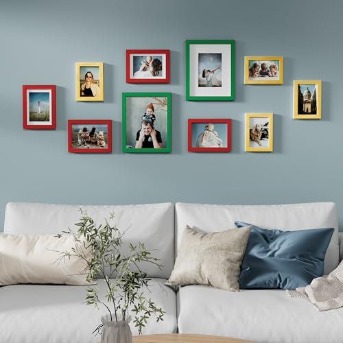 Image of Vittanly Picture Frames Set of 10, Picture Frames Collage Wall Decor with Two 8x10, Four 5x7 and Four 4x6 Photo Frames, Gallery Wall Frame Set for Wall or Tabletop Display, Green, Red and Gold