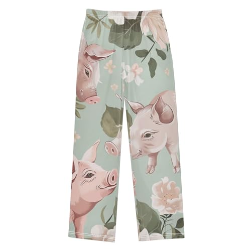 Pig Poney Floral Boys Long Pants Soft Trousers Elastic Waist Kids Lounge Bottoms with Pockets S-XL