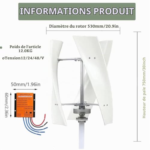 Wind Turbine 3000W/8000W 12V/24V/48V 220V Générateur D'énergie éolienne Verticale, Petites éoliennes Domestiques à Lévitation Magnétique pour Terrasse, Camping-Car, Chalet,8000W-48V – vue 3