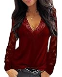 Occasion : tous les jours, shopping, rendez-vous, rue, bureau, vêtements basiques, fête, plein air. ------T-shirt à manches longues pour femme avec dentelle haut en dentelle pour femme, chemisier élégant avec dentelle, chemisier en dentelle, haut bordeaux, hauts pointus