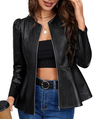 Kedera Womens Faux Leather Jacket Zip Up Puff Sleeve Peplum