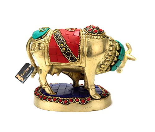 Image of Two Moustaches Gemstone Work 5.5 Inches Kamdhenu Cow Brass Showpiece, Standard, Multicolor, Pack of 1