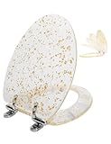 Angol Shiold Resin Elongated Toilet Seat Glitter Gold Foil, Slow Quiet-Close Heavy Duty Acrylic Toilet Seats for Standard Toilets, Easy Installation & Cleaning (Elongated 19', Gold, Upgraded hinge)
