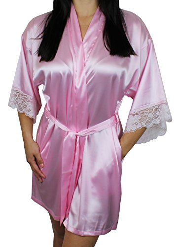 Ms Lovely Women's Satin Kimono Bridesmaid Silky Short Robe Lace Trim Sleeves and Pockets