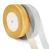 Christmas Ribbons, DECYOOL 2 Rolls 100 Yards Christmas Organza Ribbons 0.8 Inches Wide Holiday Festival Ribbon for Gift Wrapping Christmas Decoration, Gold & Silver