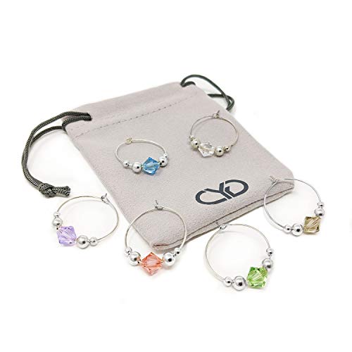 Swarovski Crystal Wine Charms / Drink Markers (Pastel Colors) Set of 6 - Wine Glass Charms by Claim Your Glass C.Y.G. - Storage travel pouch Included