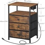 HOOBRO Bedside Table with Charging Station, Narrow Side Table with 3 Non-Woven Fabric Drawers, End Table with Open Storage, Nightstand for Small Spaces, Rustic Brown and Black BF403UBZ01