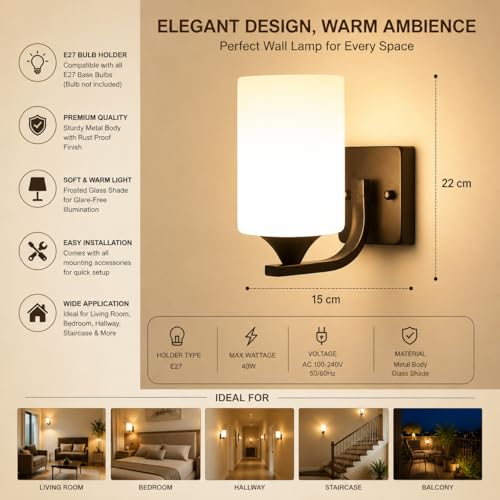 Image of Home Decor Wall Lights Glass Lamp Shade with Premium Finish & E27 Bulb Holder for Living Room, Bedroom, Balcony, Kitchen, Cafes | Decorative Night Lamps Fixtures | Elegant Wall Hanging Lights