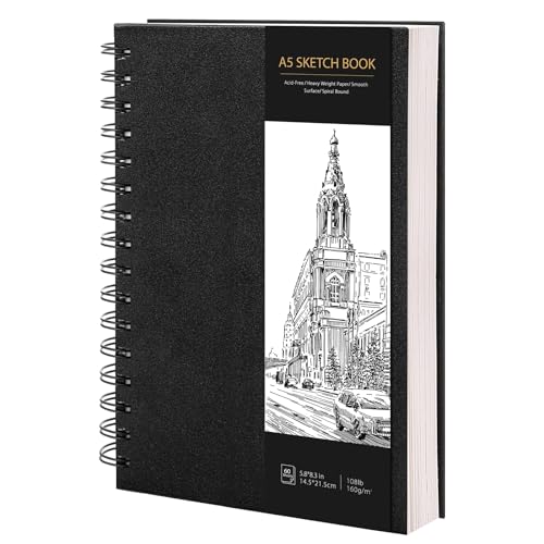 A5 Sketchbook Spiral Hardcover Sketch Book 160gsm Thick Paper Art Book Drawing Pad for Sketching Art Projects 60 Sheets / 120 Pages Sketch Pad A5 for Artists