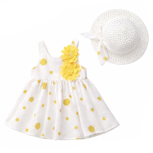 Image of Bold N Elegant Baby-Girl's Summer Sleeveless Cotton Floral Heart Print Princess Midi Dress Frock Tutu with Hat for Girls