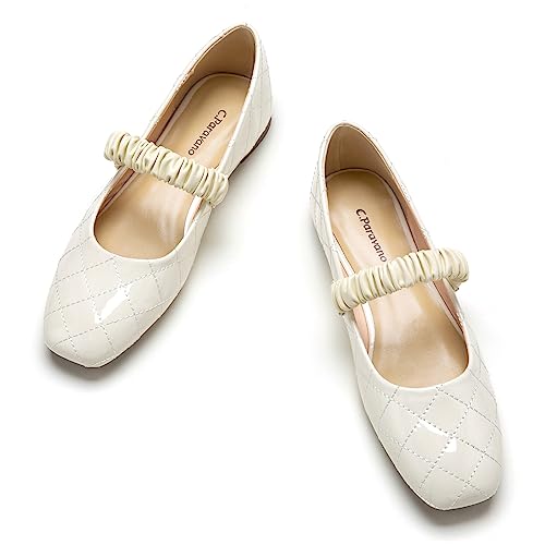 C.Paravano Mary Jane Flats for Women | Square Toe Ballet Flats with Pearl Strap | Comfortable Dress Shoes for Work, Wedding, Party & Daily Wear(Size 8.5,White_a)