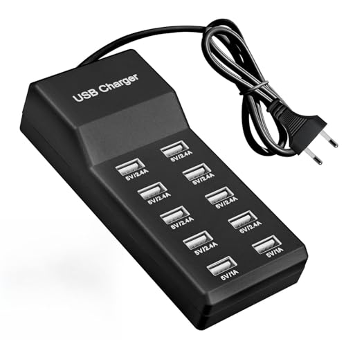 Cargador USB de 10 puertos, 50 W, 5 V, cargador USB múltiple, 10 puertos, estación de carga rápida para teléfonos móviles, tabletas, consolas de juegos (enchufe europeo)
