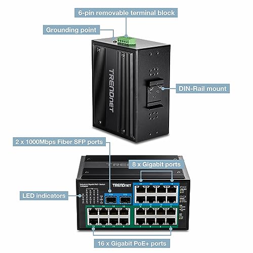 Image of TRENDnet 26-Port Hardened Industrial Unmanaged Gigabit DIN-Rail Switch, TI-PG262, 16 x Gigabit PoE+ Ports, 8 x Gigabit RJ-45 Ports, 2 x SFP Ports, IP30, Lifetime Protection, Black