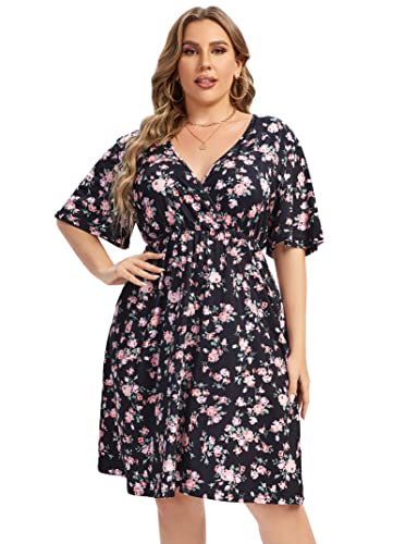 Amz Plus Plus Size Casual Dress Women's V Neck A-Line Knee Length Wrap Dress Swing Dresses Plus Size A Line Party Mini Dress Blackf X-Large #TOP1
