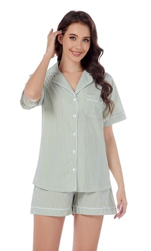 Image of LUBOT 100% Cotton Pajamas for Women 2 Piece PJ Set Poplin Woven Lightweight Ladies Button Short Sleeve Sleepwear S-XXL
