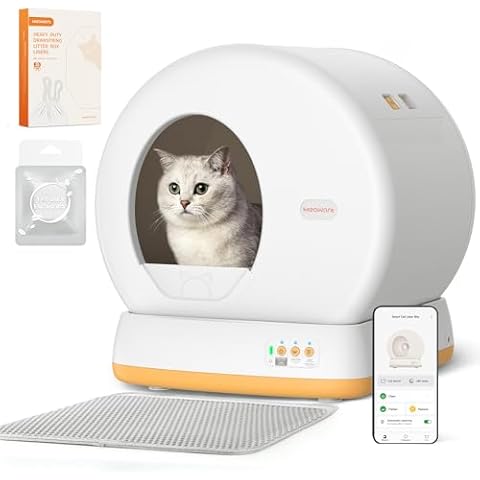 MeoWant Self-Cleaning Cat Litter Box, Advanced Safety System Automatic Cat Litter Box Perfect for Multi Cats, Extra Large/Odor Control/APP Control Smart Cat Litter Box with Mat & Liner, Yellow Cover