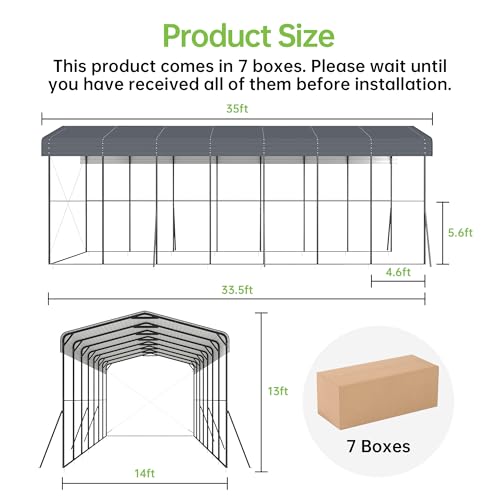 Image of 14x35x13ft RV Metal Carport with Galvanized Steel Roof, Heavy Duty Car Canopy,Outdoor Extra Long & Tall Garage Shelter Shade for RV, SUV, Truck, Tractors and Boats, Tools Gray