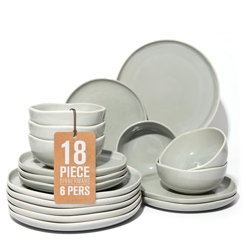 Image of Dinnerware Sets for Family of 6, Ceramic Plates and Bowls Set, Kitchen Dish Set, Microwave & Dishwasher Safe Dishware, Highly Durable Reactive Glazed Dinner Set, Gray Green