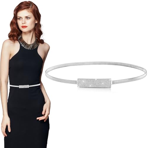 HaiFafafaing Silver Rhinestone Elastic Waist Belt for Women, Ajustable Elastic Thin Waist Belt, Fashion Rhinestone Silver Belts for Dress