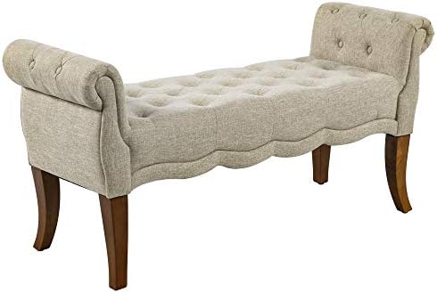 HOMCOM Traditional Style End of Bed Bench, Upholstered Entryway Bench with Button Tufted and Rounded Arm, Beige