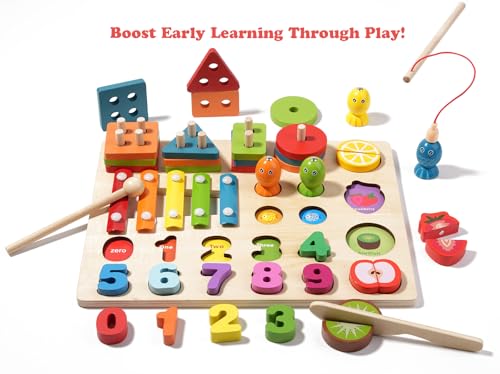 Image of Montessori Wooden Toys for Kids Toddlers Fishing Game Number Puzzles Shape Sorter Stacking Toy Wood Xylophone Cutting Fruit Color Matching Games Preschool Educational Fine Motor Skills Toy ( 5-in-1 )