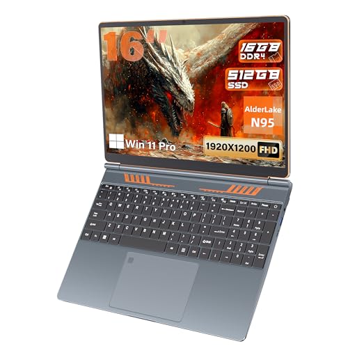 Image of 16 Inch Business Laptop Computer for Students & Professionals,4-Core Processor, 16:10 FHD IPS Display, 16GB RAM 512GB SSD, Backlit Keyboard, Fingerprint, Win 11 Pro, Gray with Orange Accents
