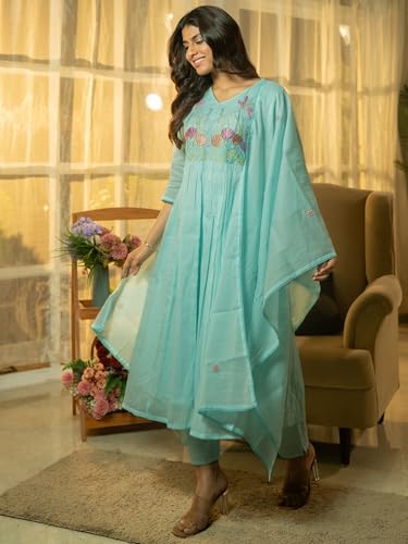 Image of INDO ERA Women's A-Line Pure Cotton Floral Embroidered Kurta & Pant with Dupatta Set (R2STR9793)