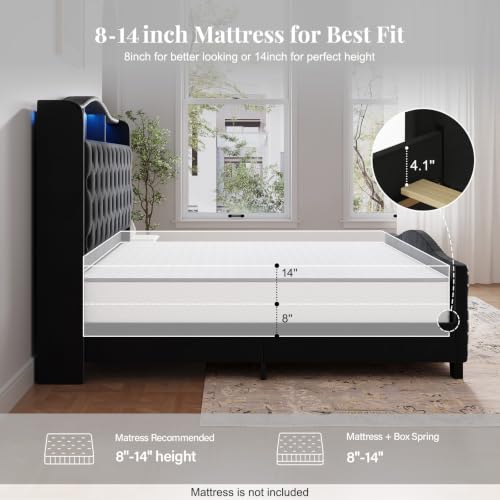 Uteeran Upholstered King Size Bed Frame with LED Lights & Charger, Black - image 5