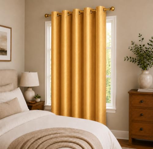 Image of Polyester Eyelet Door Curtain, Solid Plain Light Filtering Curtain for Bedroom, Living Room & Home Office, 7 Feet (84 x 48 Inch), Gold, Pack of 1