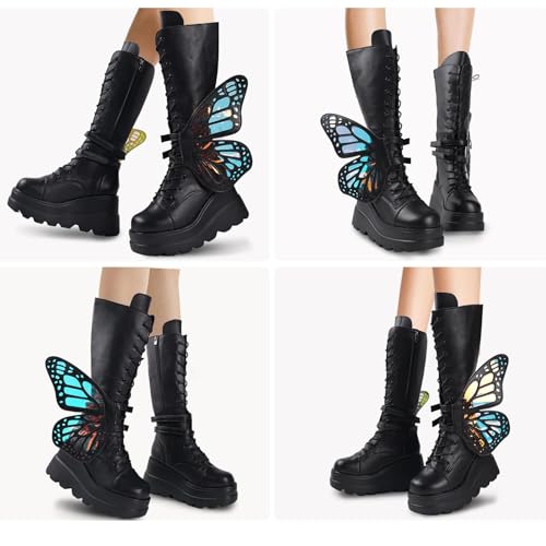 SACFOF Women Platform Punk Goth Mid Calf Boots Chunky High Heel Side Zip Butterfly Wings Knee High Motorcycle Combat Booties3