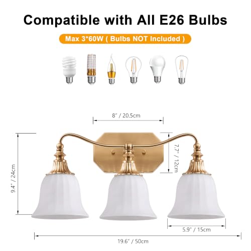 Image of LmnLvn 3‑Light Bathroom Vanity Light, Matte White with Crystal Glass Shade