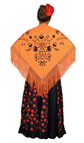 AMINA Medium Triangular Shawl of Flamingo or Sevillanas (170 x 70 cm) Orange Embroidered Black2