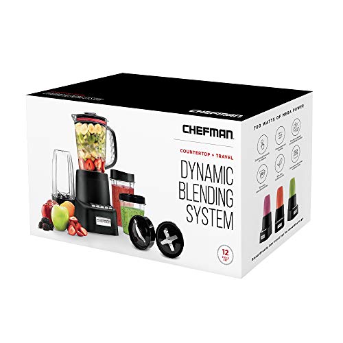Chefman Countertop + Travel Dynamic Blending System, 12-Piece Set, 3 Programmed Speeds & Pulse, Easy Ice Crushing For Shakes & Smoothies, Dishwasher-Safe 32-Oz Pitcher, 12Oz & 2 24Oz Tumblers, Black #TOP6