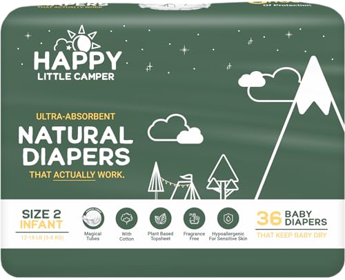 Image of Happy Little Camper Ultra-Absorbent Natural Baby Diapers Size 2 - Hypoallergenic & Chlorine-Free Disposable Diapers Safe for Sensitive Skin - Unscented Infant Diapers - 36 Count